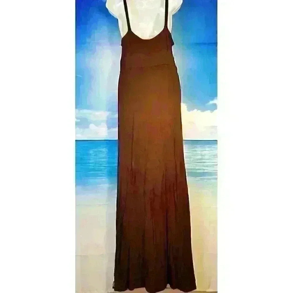 CHOCOLATE BROWN Womans MAXI Dress Rhinestone Embroidery Accents TALL size Med - Picture 9 of 10